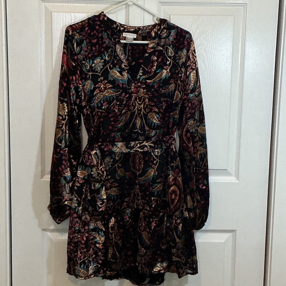 VENUS Multicolor Long Sleeve Velvet and sheer Dress